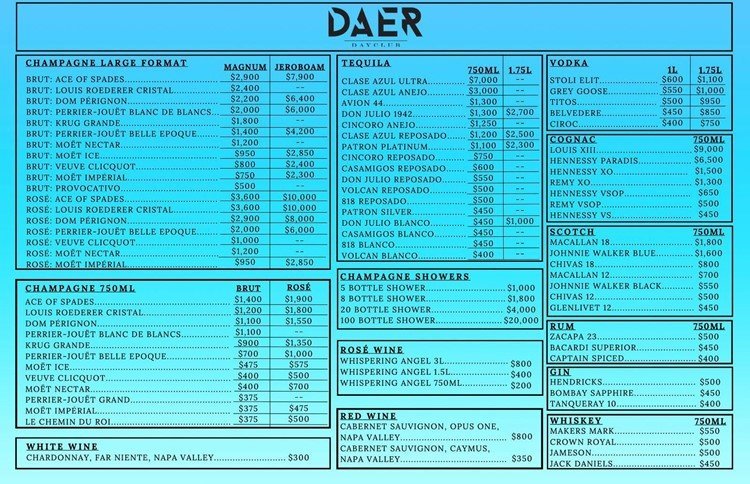 menu botellas daer dayclub miami