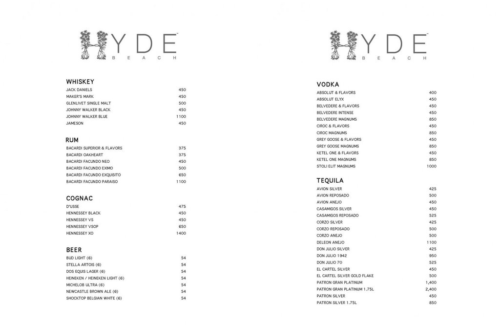 hyde beach bottle menu