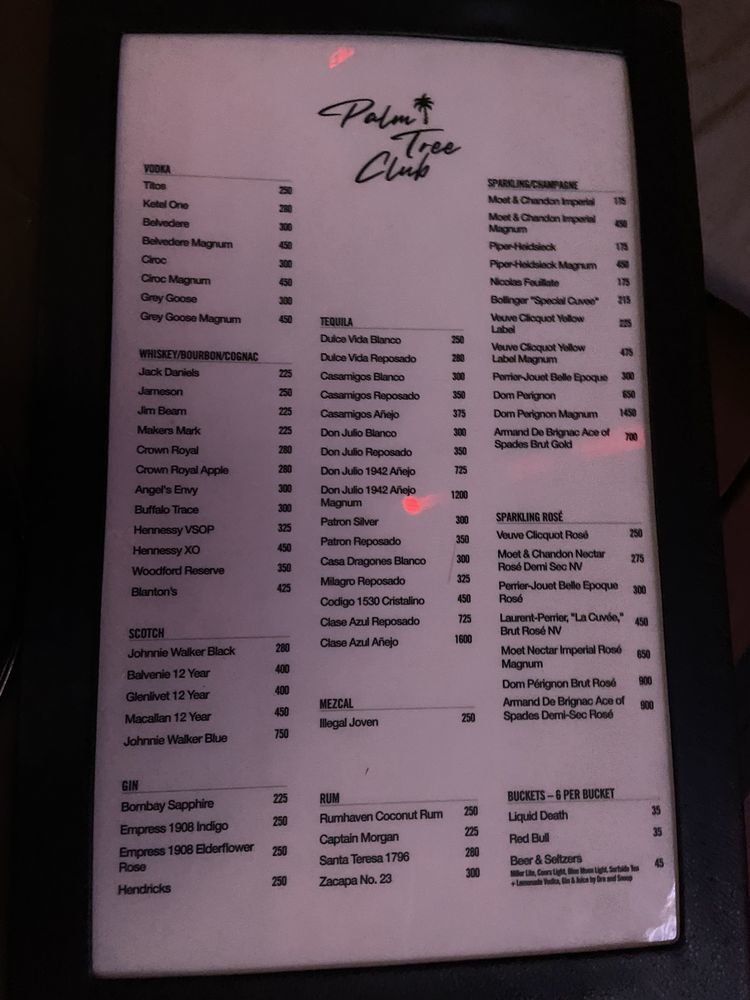 palm tree miami bottle menu